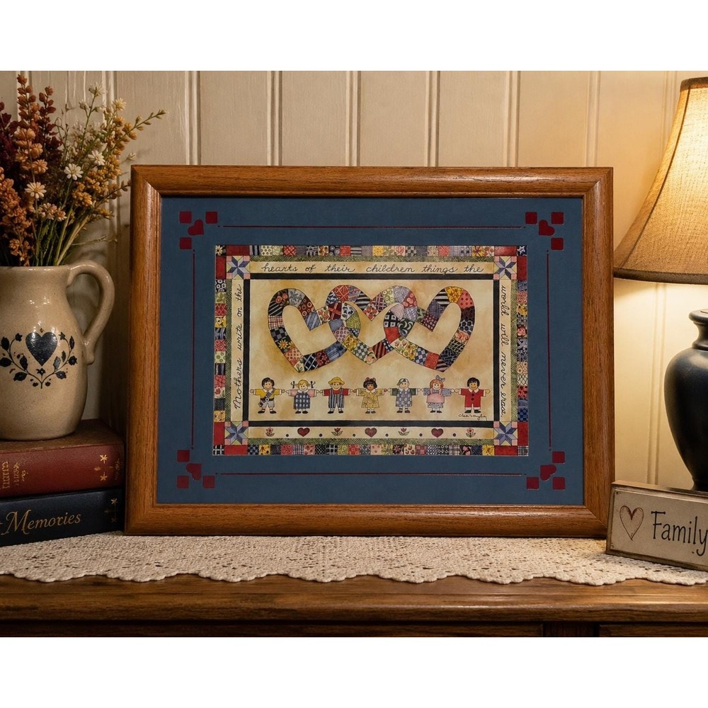 VTG Heart Quilt Framed Wall Decor Mother Children Quote Home Interior Folk Art